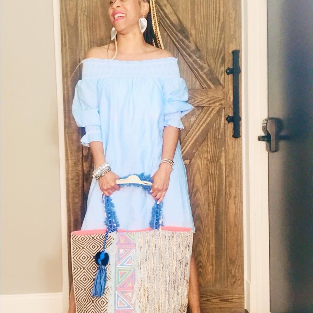Entro Light Blue Off-Shoulder Maxi Dress